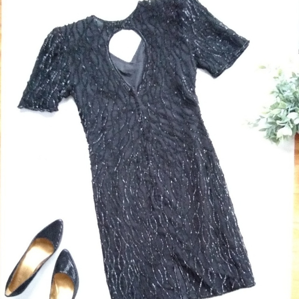 VINTAGE sequined beaded silk little black sheath dress deadstock - Picture 6 of 12